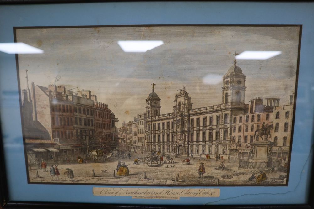 A near set of eight 18th century coloured engravings, Views of London and Paris, approximately 21 x 41cm